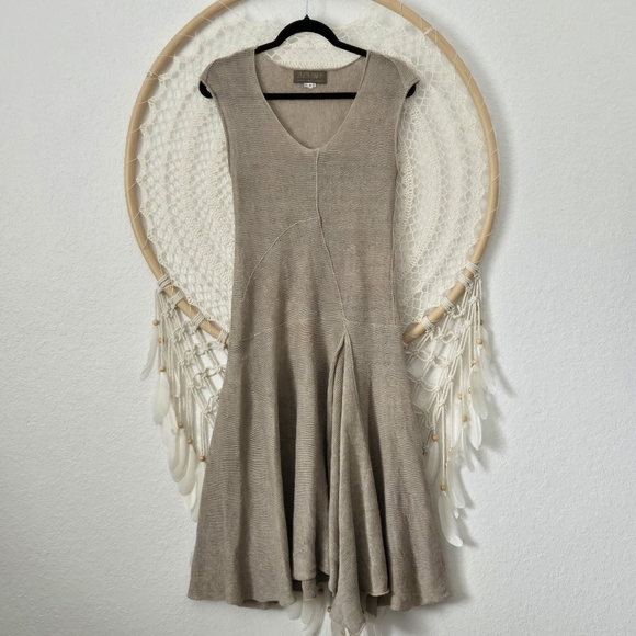 Zuza Bart 100% Linen Tan Midi Sweater Dress Asymmetrical Lagenlook Sheer Boho M - Picture 10 of 10